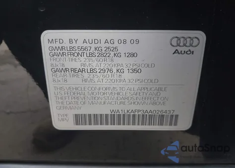 2010 Audi Q5 3.2 Premium из США, поврежденный, VIN WA1LKAFP3AA026437